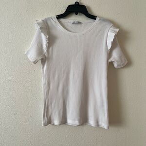 ZARA White Ruffle Shoulder Top L
